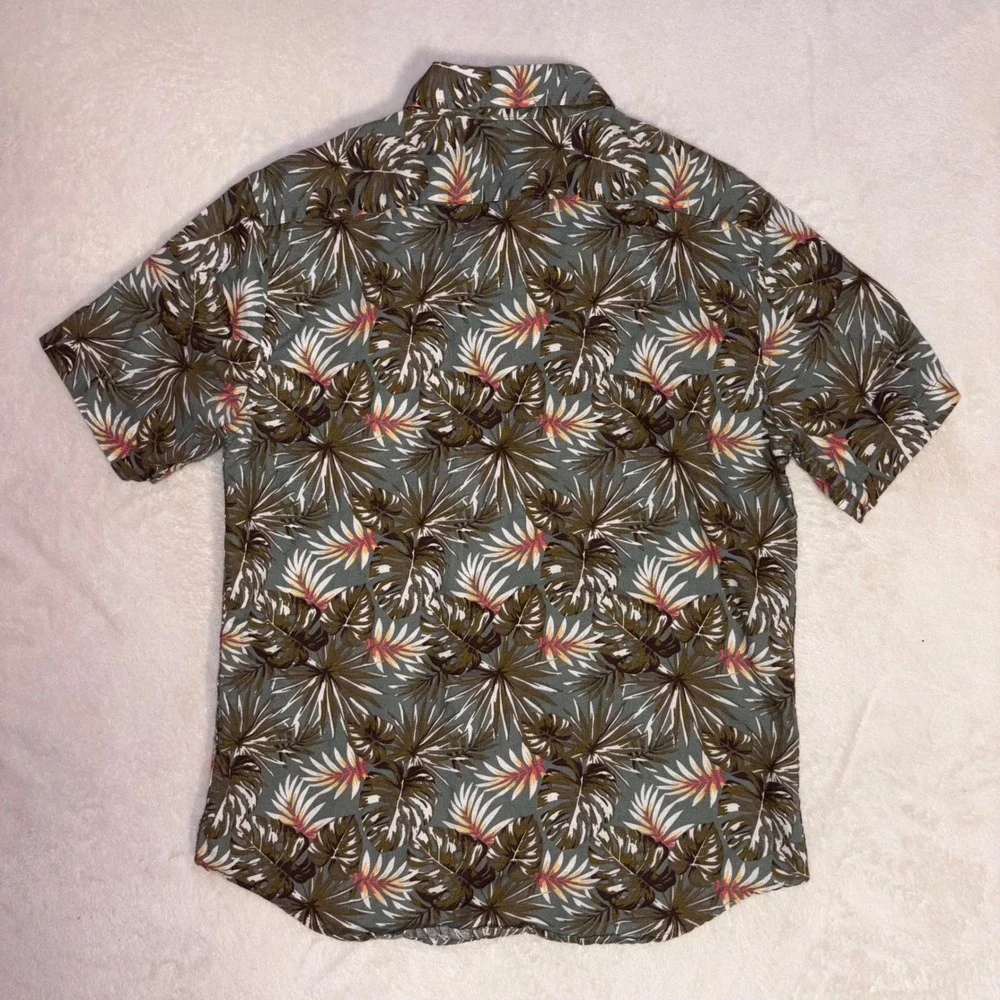 BANANA REPUBLIC Linen Shirt Mens M Green Tropical Camp Floral Slim Short‎ Sleeve